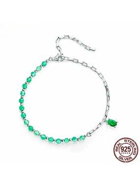 New Gem Charm Bracelet S925 Sterling Silver Green Crystal Beads Boxy Chain